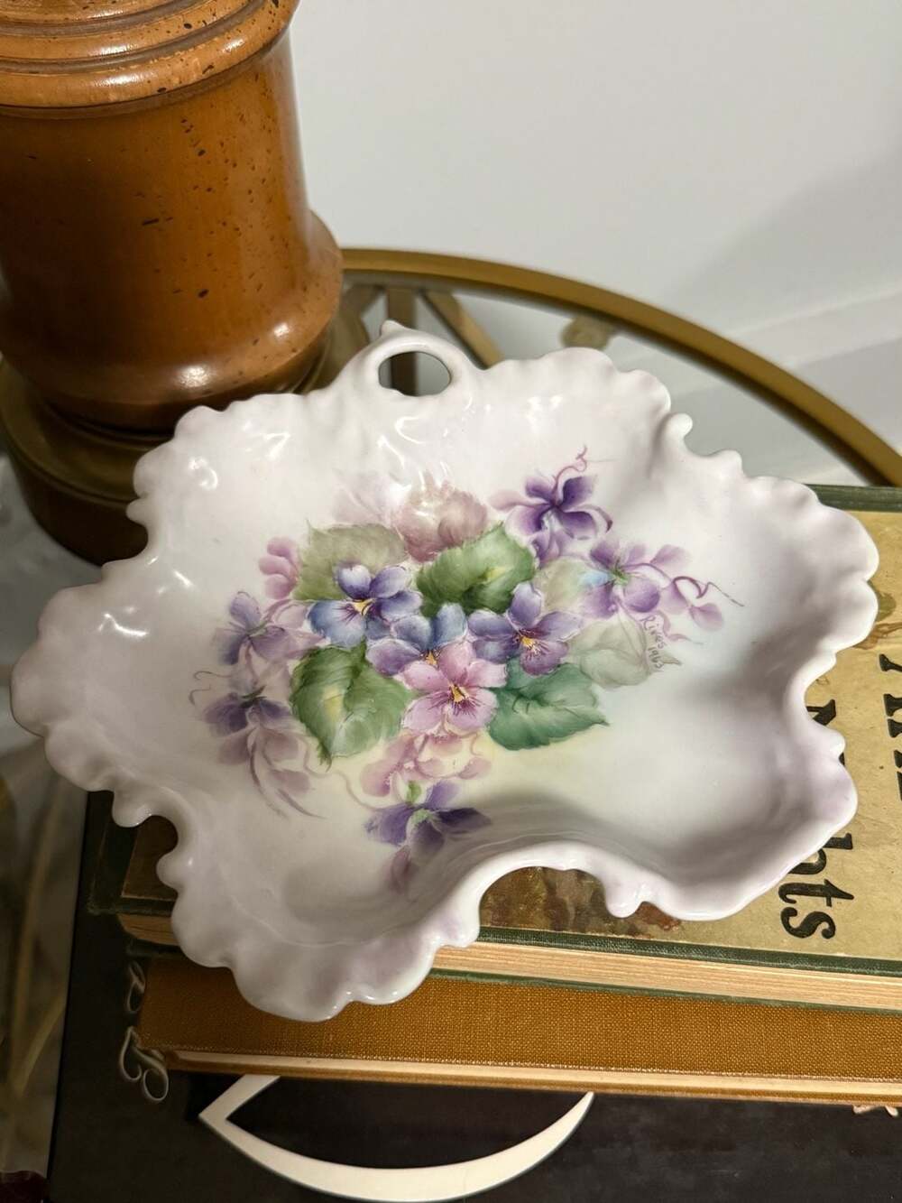VTG Hand Painted Porcelain Scalloped Trinket Dish w/Violets signed Rives 1963